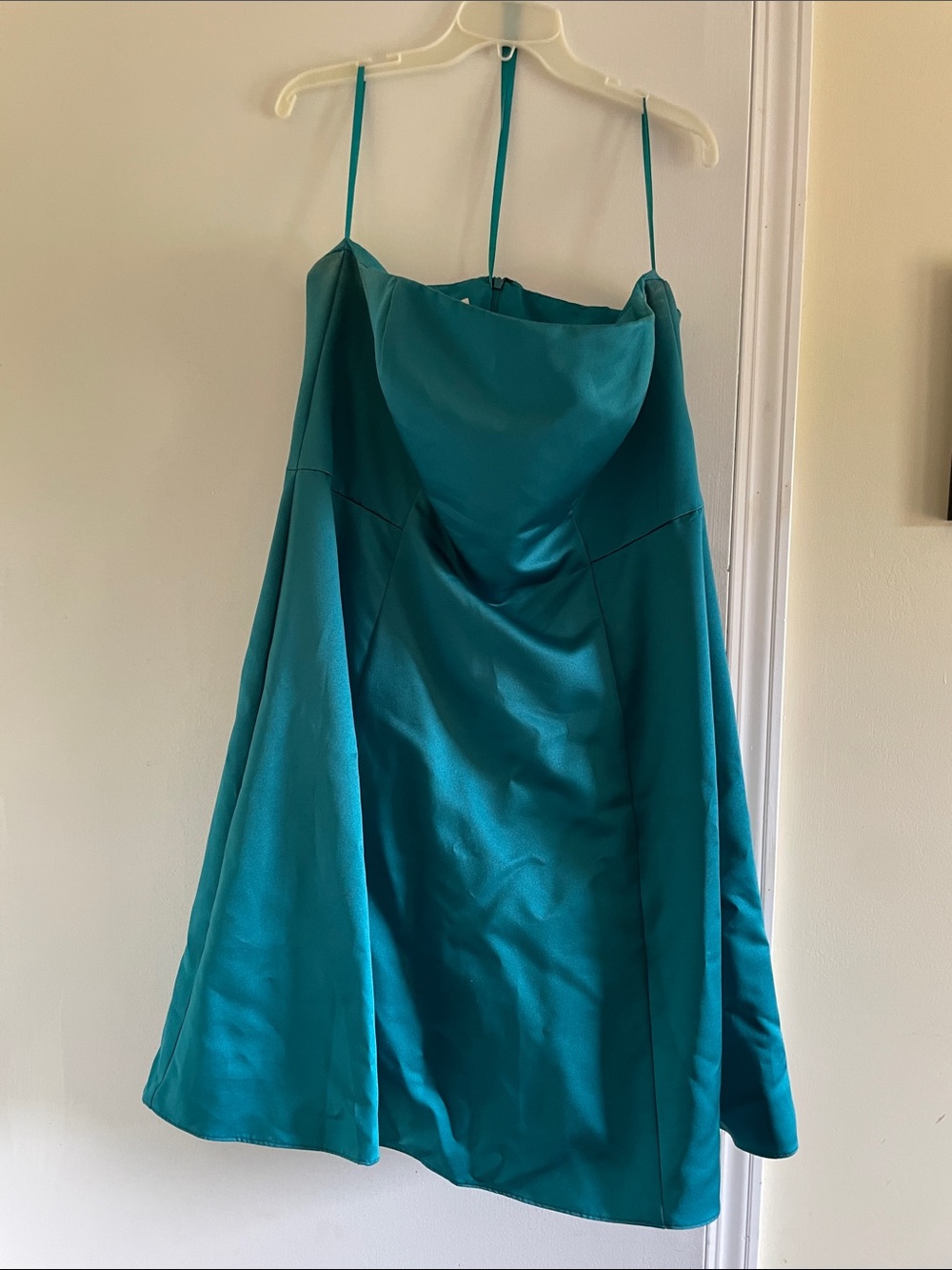 Michaelangelo Teal Strapless Satin A-Line Dress with Spaghetti Straps